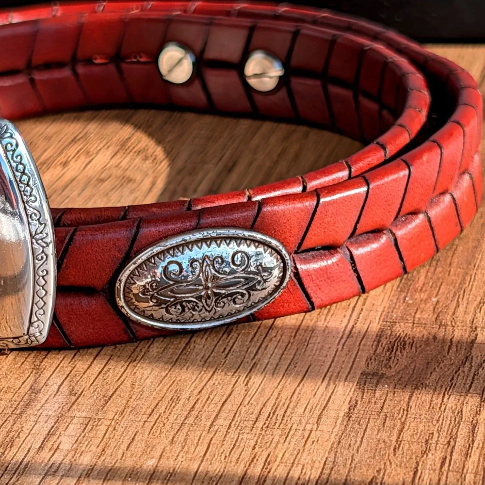 Brighton Red Brown Braided Leather Belt Silver Conchos Engraved Buckle 33